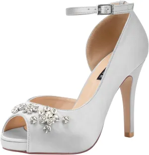 ERIJUNOR Women's Peep Toe Platform High Heel Rhinestones Satin Evening Prom Wedding Shoes