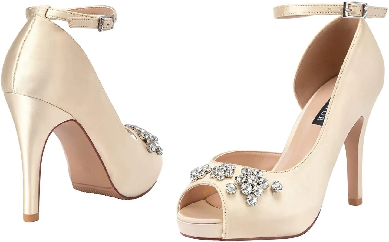 ERIJUNOR Women's Peep Toe Platform High Heel Rhinestones Satin Evening Prom Wedding Shoes
