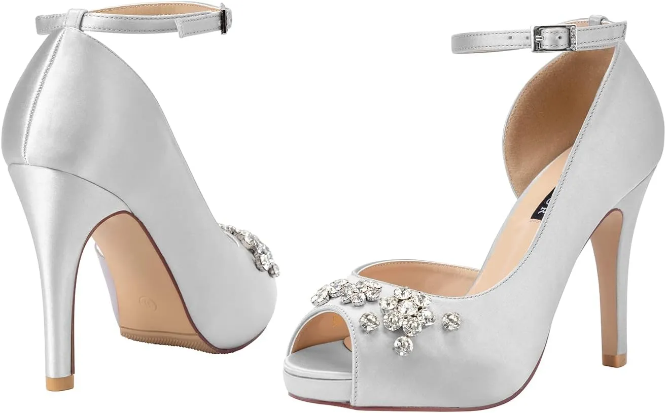 ERIJUNOR Women's Peep Toe Platform High Heel Rhinestones Satin Evening Prom Wedding Shoes