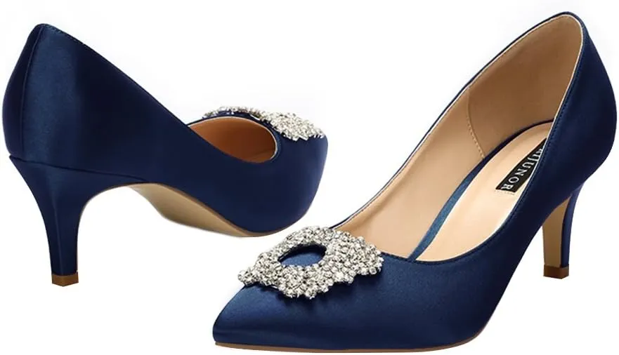 ERIJUNOR Women's Pumps Low Heel Rhinestone Brooch Satin Evening Dress Wedding Shoes