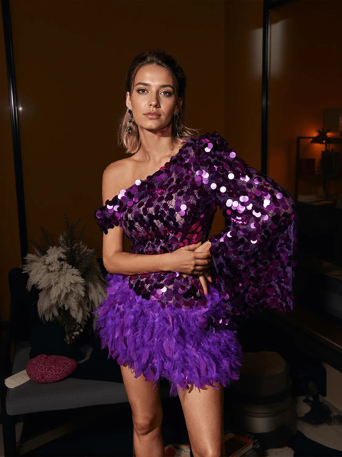 Ettie One Shoulder Sequin Feather Lace Dress