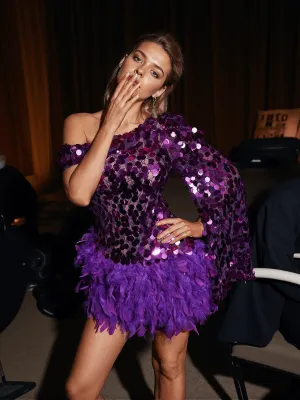Ettie One Shoulder Sequin Feather Lace Dress