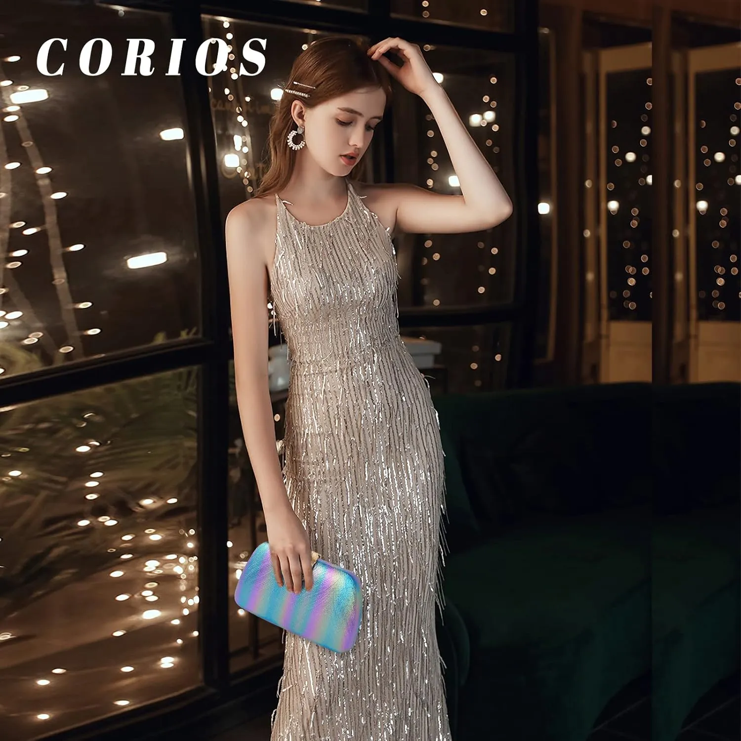 Evening Bag for Women Small Clutch Purses with Leaf-style Flip Lock Sparkly Glitter Handbag