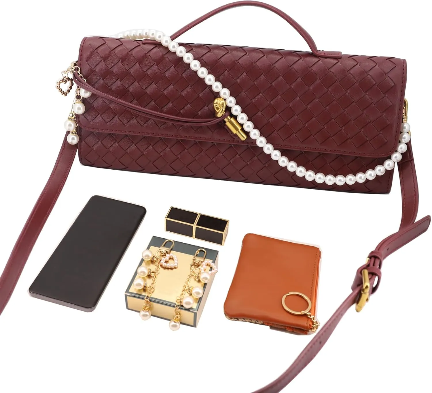 Evening Bag Woven Clutch Purses for Women Trendy Crossbody Purse with Pearl Chain for Prom Party Wedding