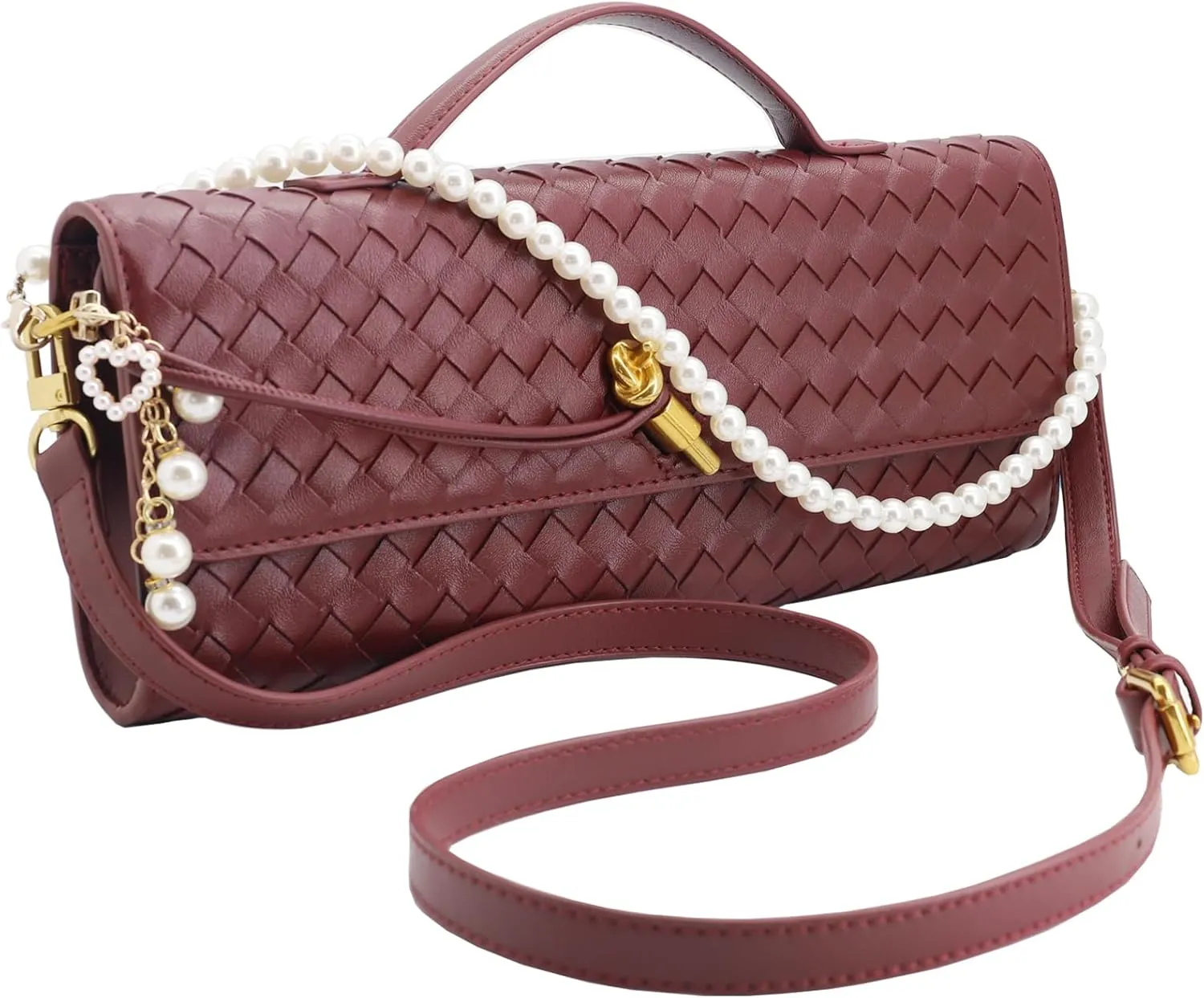 Evening Bag Woven Clutch Purses for Women Trendy Crossbody Purse with Pearl Chain for Prom Party Wedding