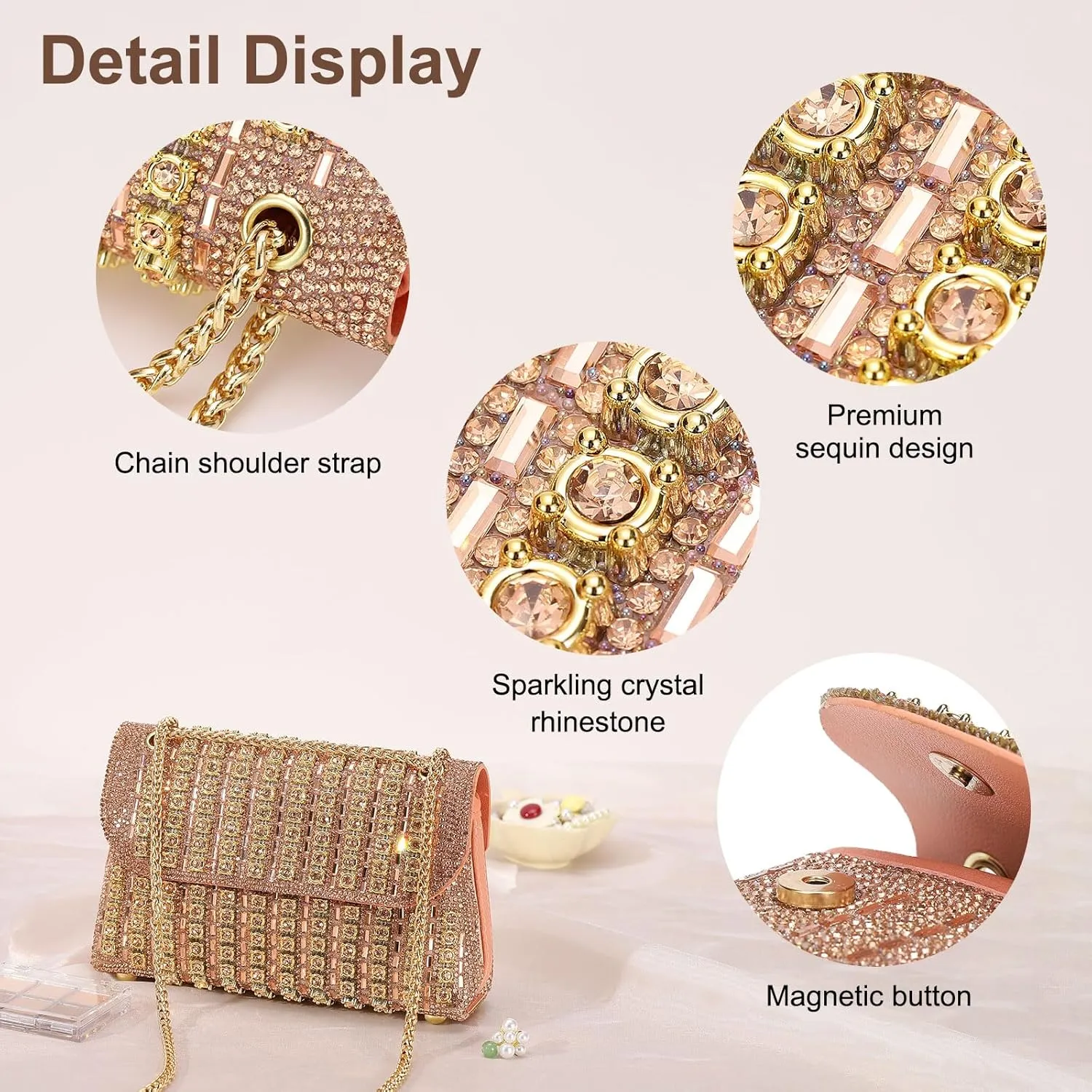 Evening Bags Clutch Purses for Women Formal, Crossbody Handbag with Chain Shoulder Bag Crystal Rhinestone Sparkly Stylish for Wedding Bride Guest Party Champagne