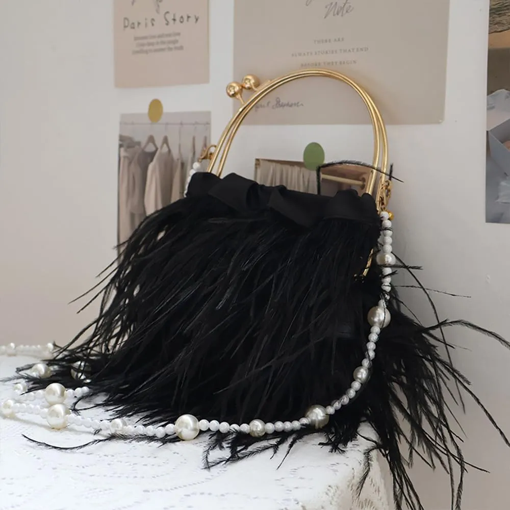 Evening Bags for Women Feather Clutch Ostrich Feather Purse Feather Bag Dress Purse Fringe Bridal Clutch Wedding Party Black