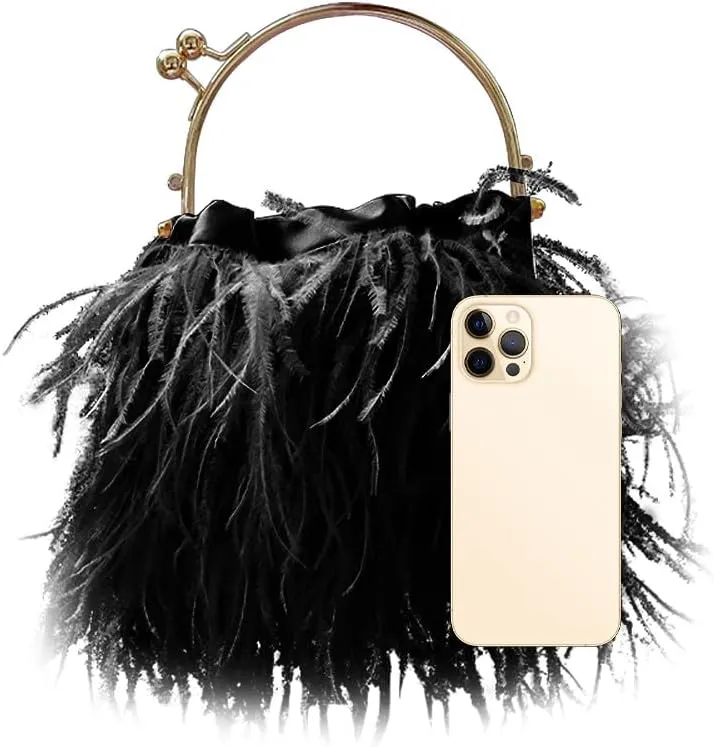 Evening Bags for Women Feather Clutch Ostrich Feather Purse Feather Bag Dress Purse Fringe Bridal Clutch Wedding Party Black