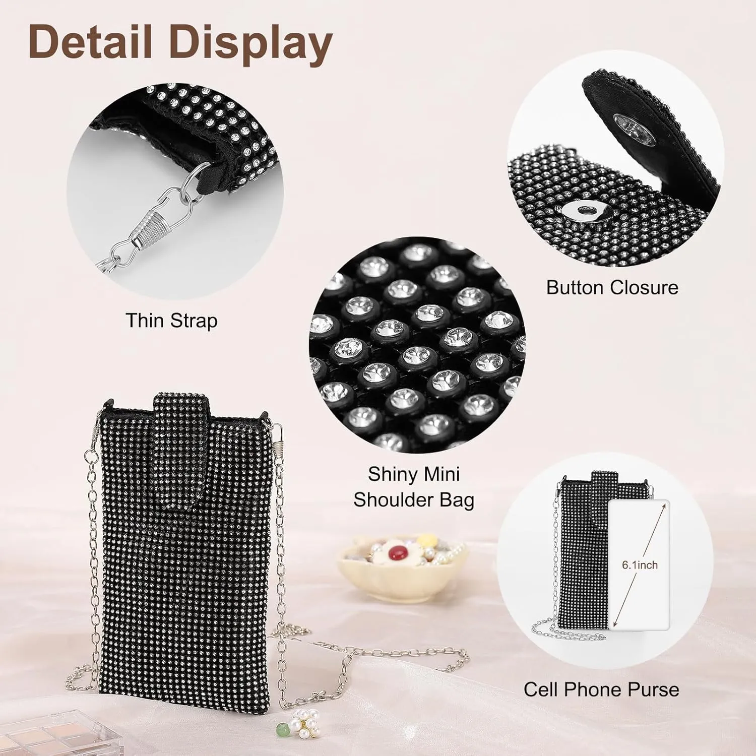 Evening Handbags Clutch Purses for Women, Crossbody Bag Crystal Rhinestone Purse Small Shoulder Bag Sparkly for Wedding Party Black