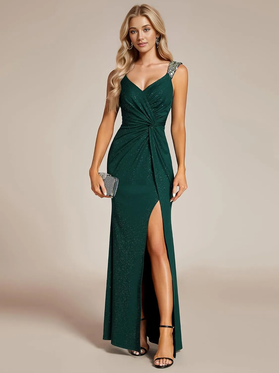 Ever-Pretty Glitter Evening Dresses Women's V Neck High Slit Sequin Shoulder Strap Maxi Formal Dress 01888
