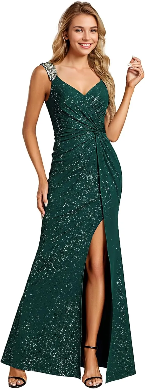 Ever-Pretty Glitter Evening Dresses Women's V Neck High Slit Sequin Shoulder Strap Maxi Formal Dress 01888