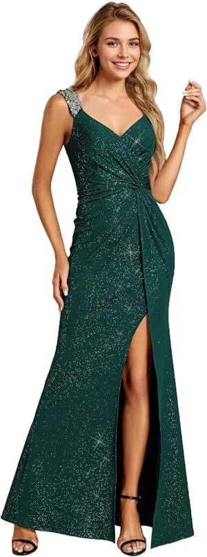 Ever-Pretty Glitter Evening Dresses Women's V Neck High Slit Sequin Shoulder Strap Maxi Formal Dress 01888