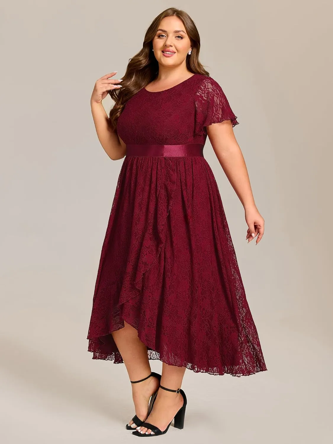 Ever-Pretty Plus Women's Lace Round Neck Short Sleeves High Low Plus Size Midi Cocktail Wedding Guest Dresses