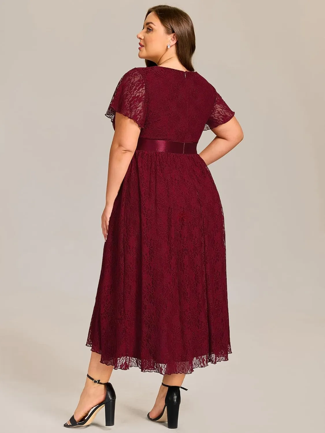 Ever-Pretty Plus Women's Lace Round Neck Short Sleeves High Low Plus Size Midi Cocktail Wedding Guest Dresses