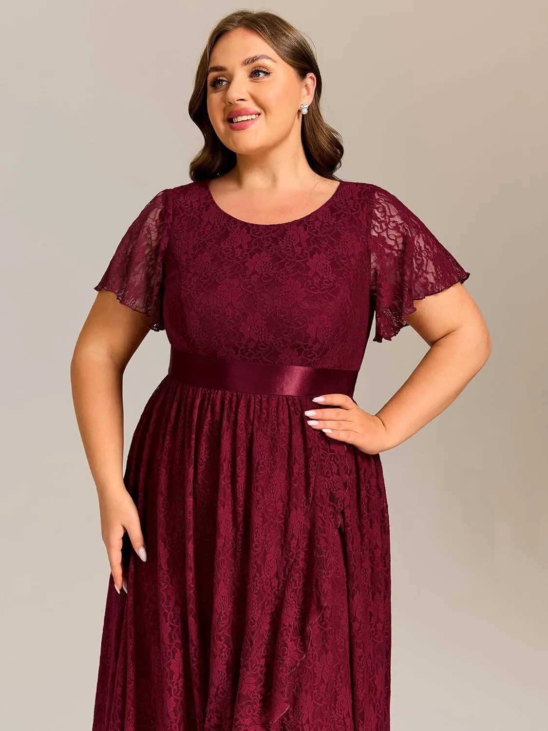 Ever-Pretty Plus Women's Lace Round Neck Short Sleeves High Low Plus Size Midi Cocktail Wedding Guest Dresses
