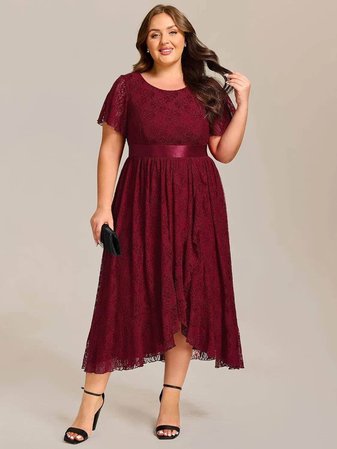Ever-Pretty Plus Women's Lace Round Neck Short Sleeves High Low Plus Size Midi Cocktail Wedding Guest Dresses