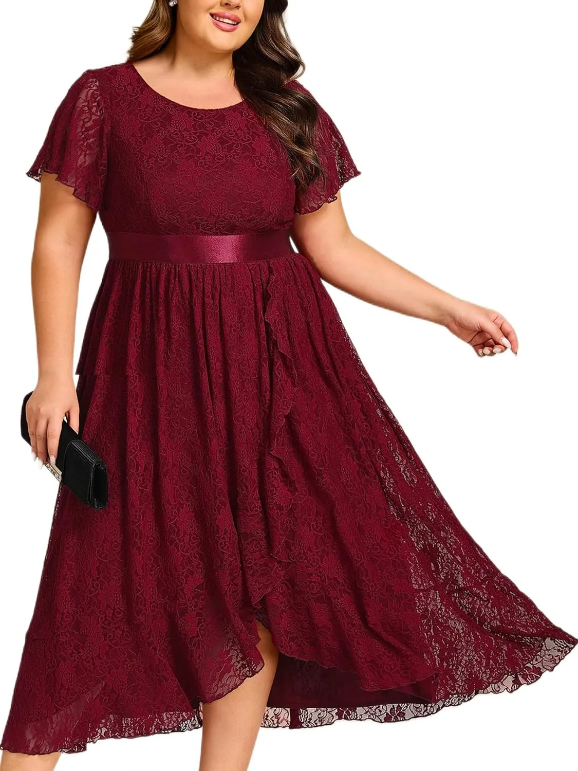 Ever-Pretty Plus Women's Lace Round Neck Short Sleeves High Low Plus Size Midi Cocktail Wedding Guest Dresses