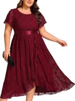Ever-Pretty Plus Women's Lace Round Neck Short Sleeves High Low Plus Size Midi Cocktail Wedding Guest Dresses