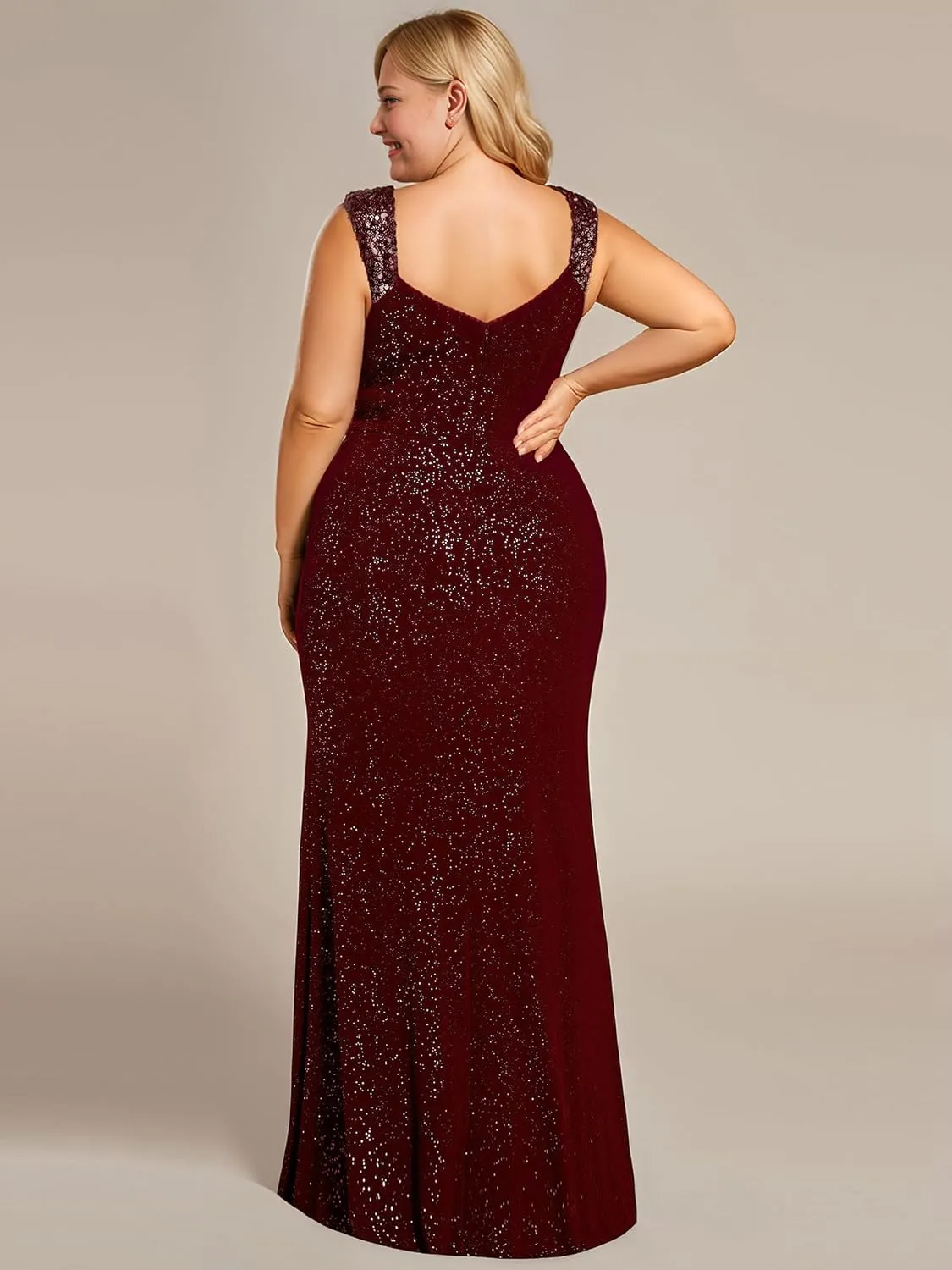 Ever-Pretty Plus Women's V Neck Pleated Bodycon Glitter Side Slit Sleeveless Floor Length Plus Size Ball Dresses 01888-DAPH