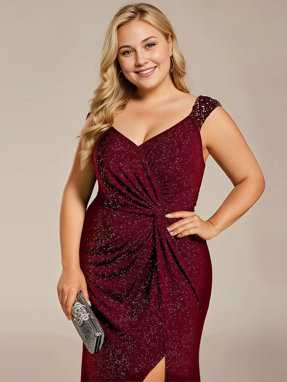 Ever-Pretty Plus Women's V Neck Pleated Bodycon Glitter Side Slit Sleeveless Floor Length Plus Size Ball Dresses 01888-DAPH