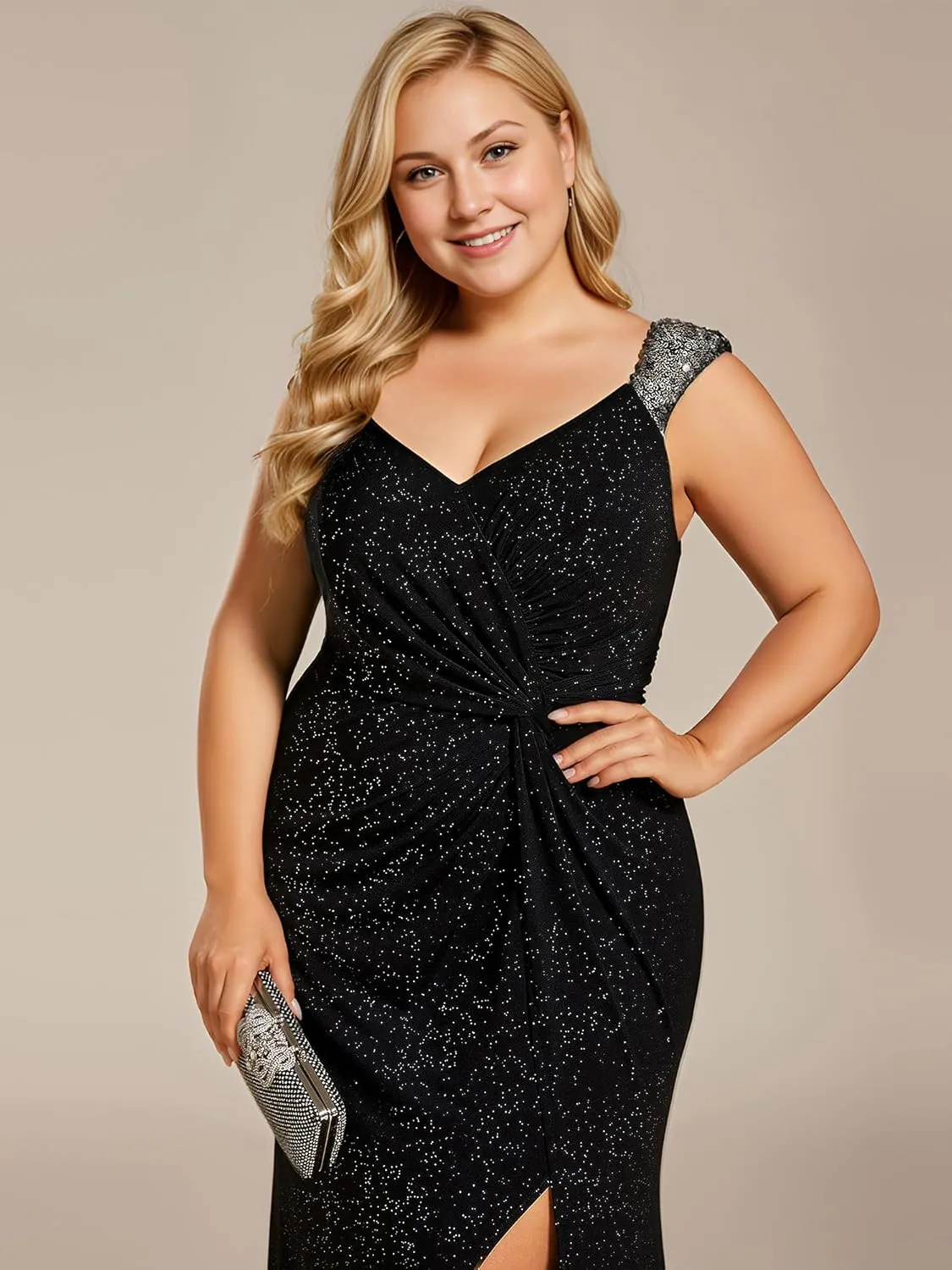 Ever-Pretty Plus Women's V Neck Pleated Bodycon Glitter Side Slit Sleeveless Floor Length Plus Size Ball Dresses 01888-DAPH