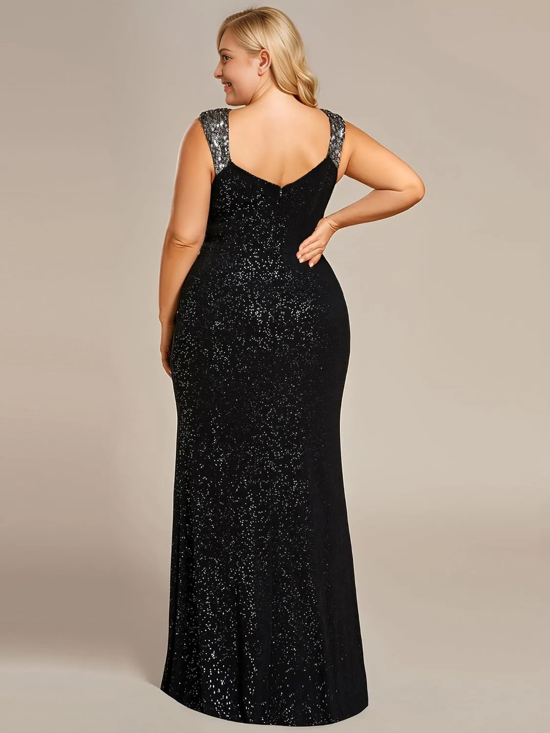 Ever-Pretty Plus Women's V Neck Pleated Bodycon Glitter Side Slit Sleeveless Floor Length Plus Size Ball Dresses 01888-DAPH