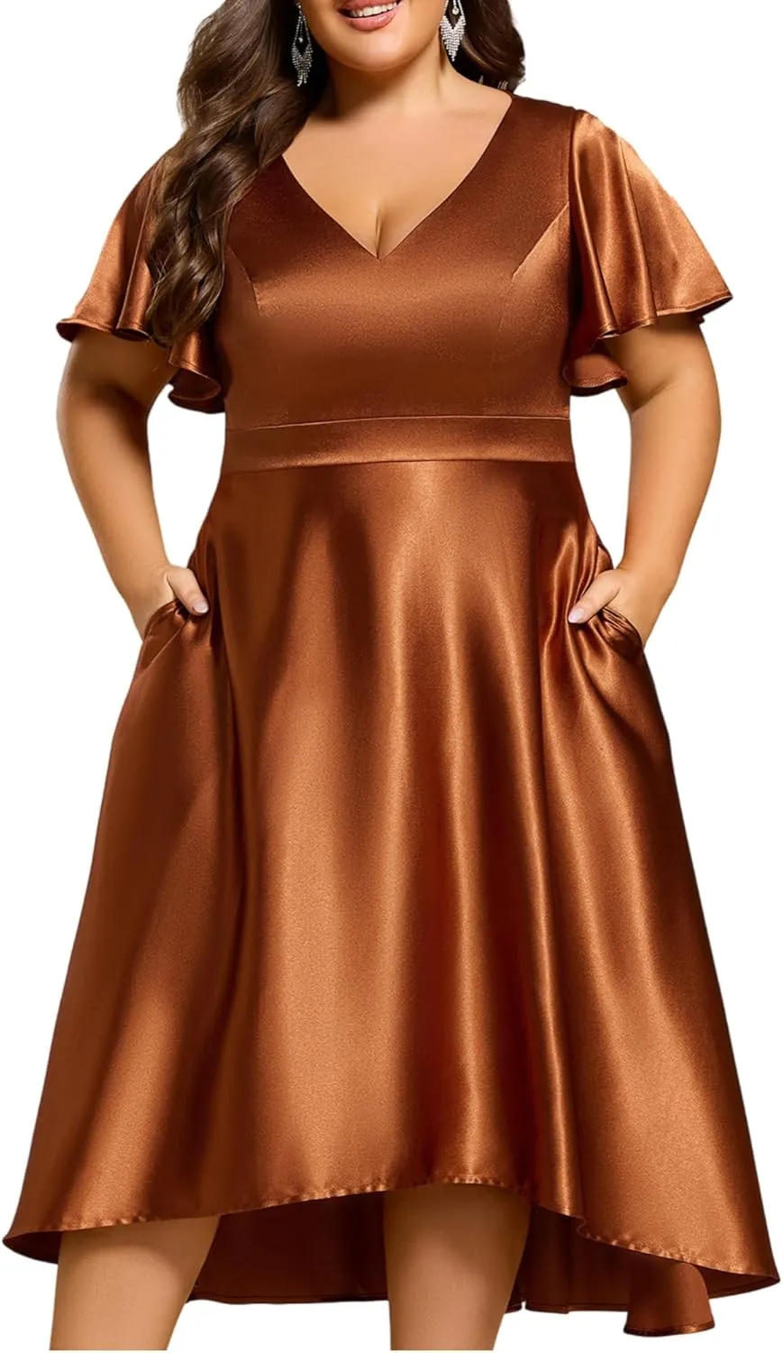 Ever-Pretty Summer V Neck Satin Short Sleeves Plus Size Formal Wedding Guest Dresses for Curvy Women with Pockets