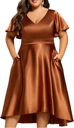 Ever-Pretty Summer V Neck Satin Short Sleeves Plus Size Formal Wedding Guest Dresses for Curvy Women with Pockets