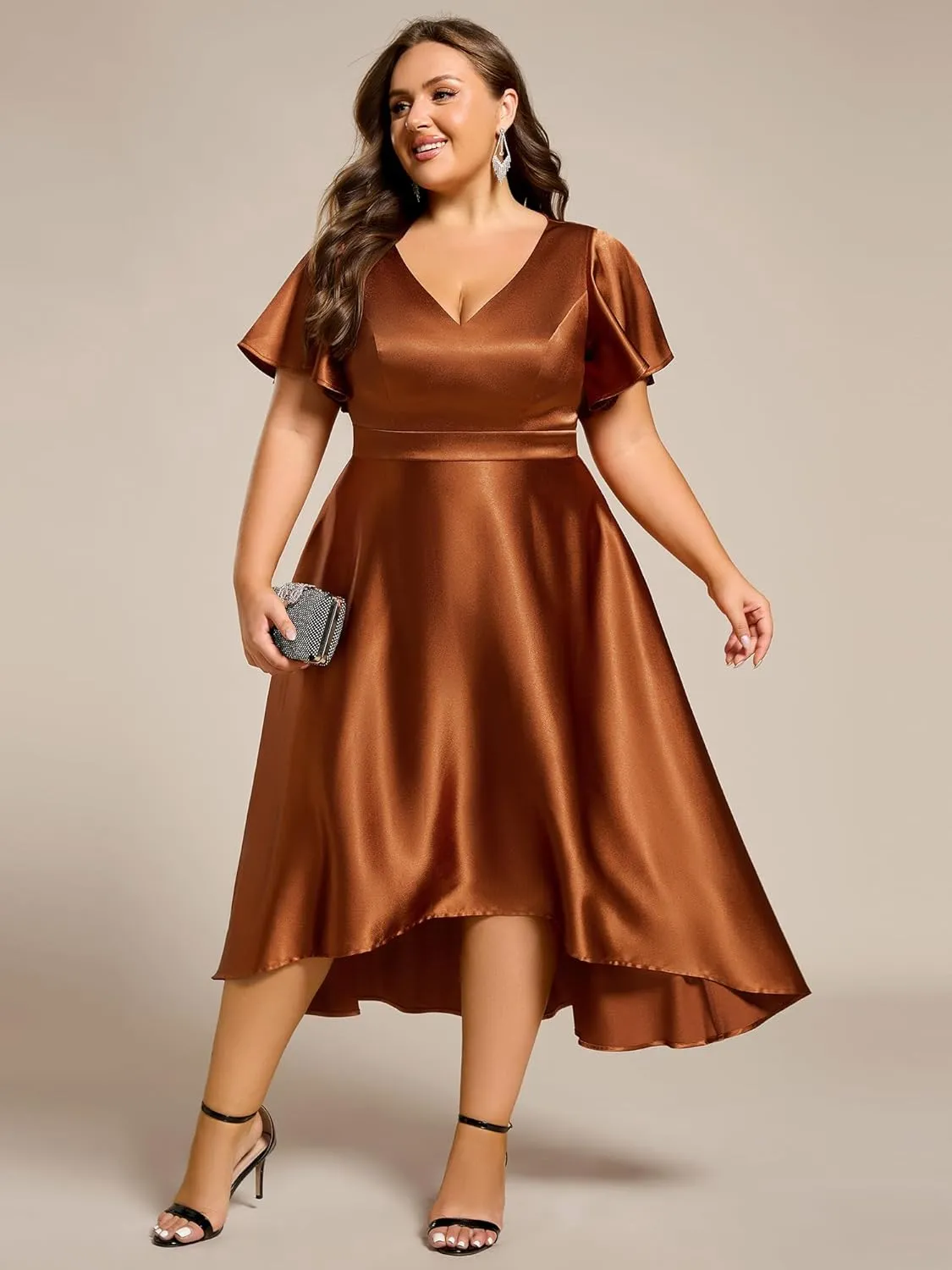 Ever-Pretty Summer V Neck Satin Short Sleeves Plus Size Formal Wedding Guest Dresses for Curvy Women with Pockets