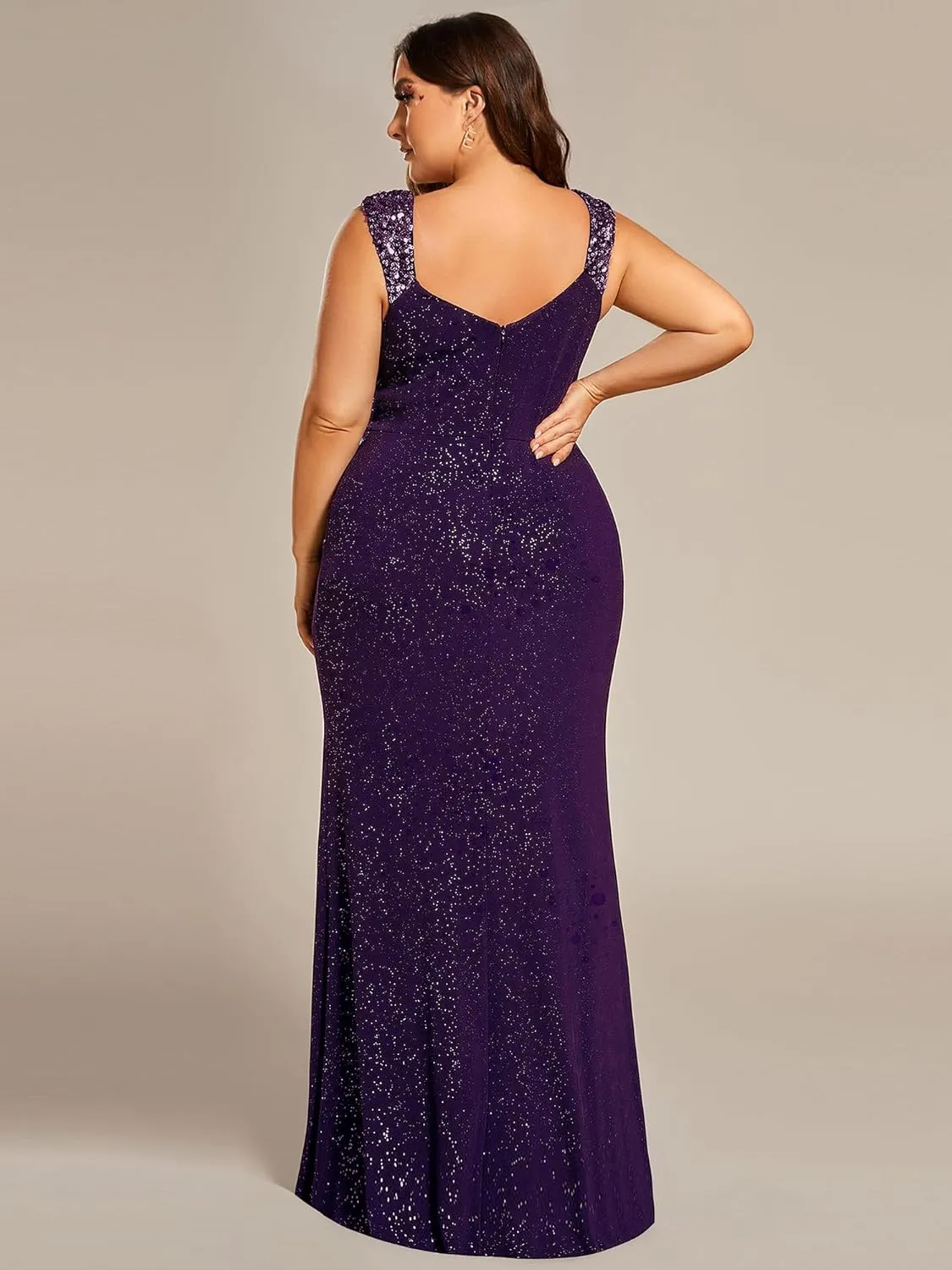 Ever-Pretty V-Neck High Slit Glitter Bodycon Plus Size Ball Gowns Formal Evening Dresses for Curvy Women 01888-DA