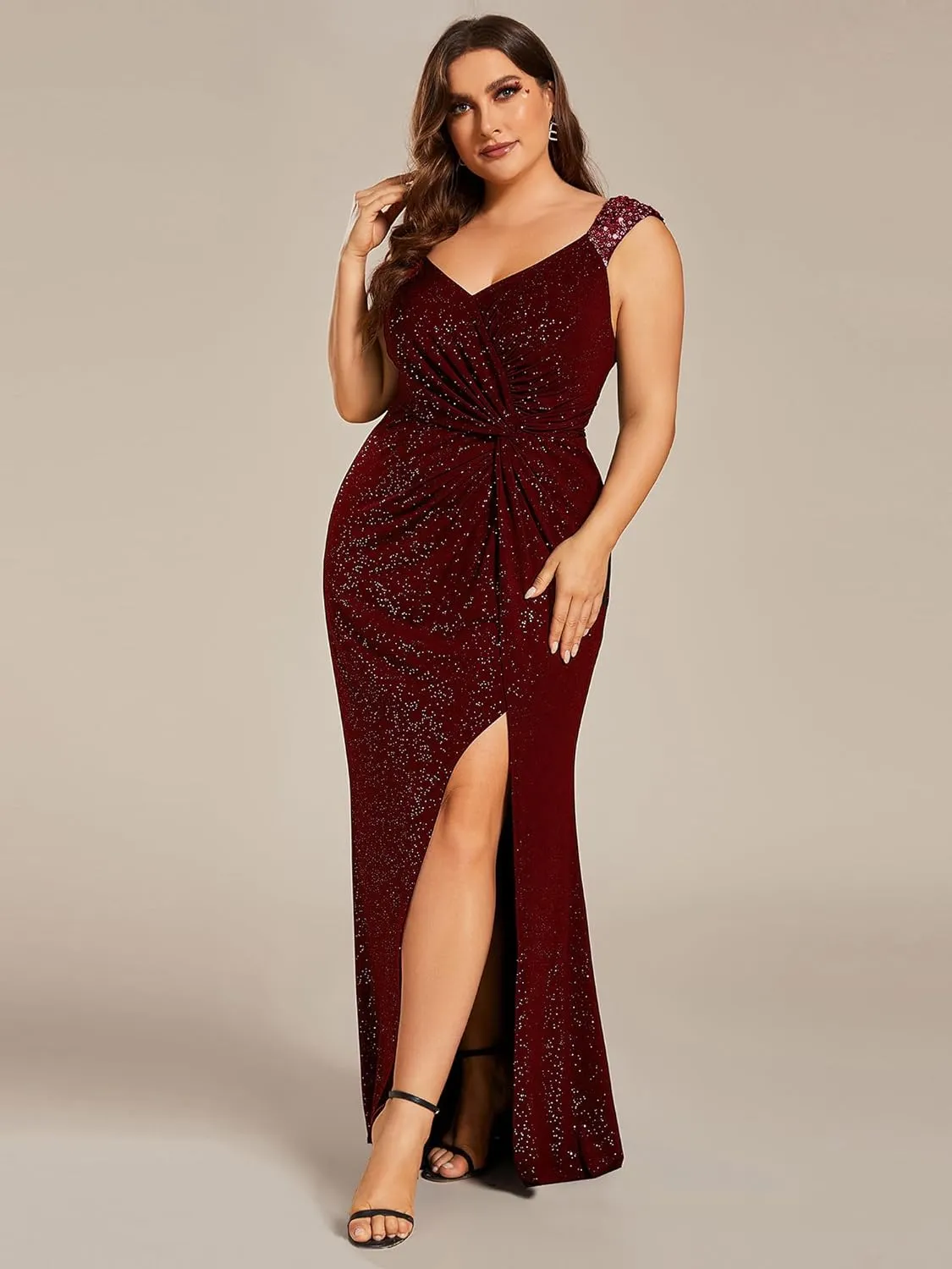 Ever-Pretty V-Neck High Slit Glitter Bodycon Plus Size Ball Gowns Formal Evening Dresses for Curvy Women 01888-DA