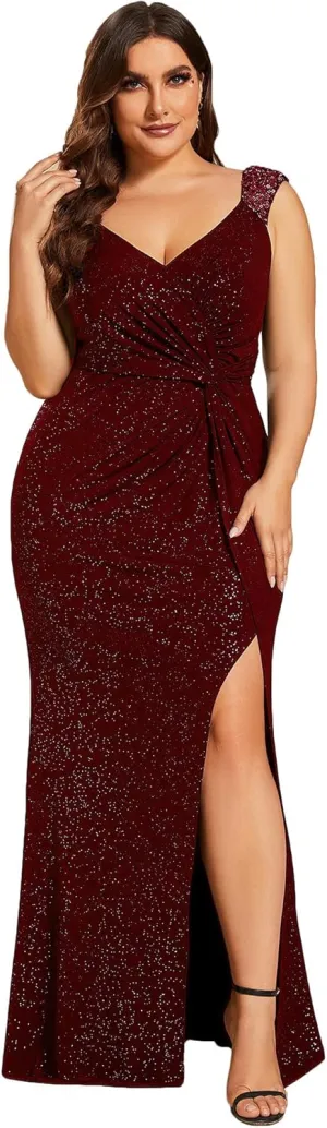 Ever-Pretty V-Neck High Slit Glitter Bodycon Plus Size Ball Gowns Formal Evening Dresses for Curvy Women 01888-DA