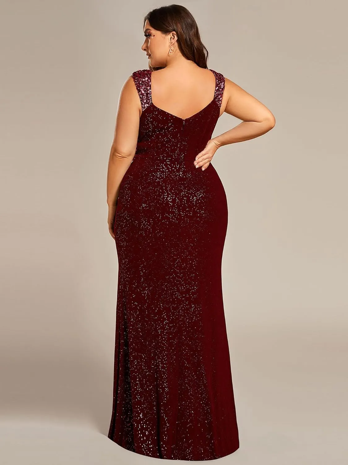 Ever-Pretty V-Neck High Slit Glitter Bodycon Plus Size Ball Gowns Formal Evening Dresses for Curvy Women 01888-DA