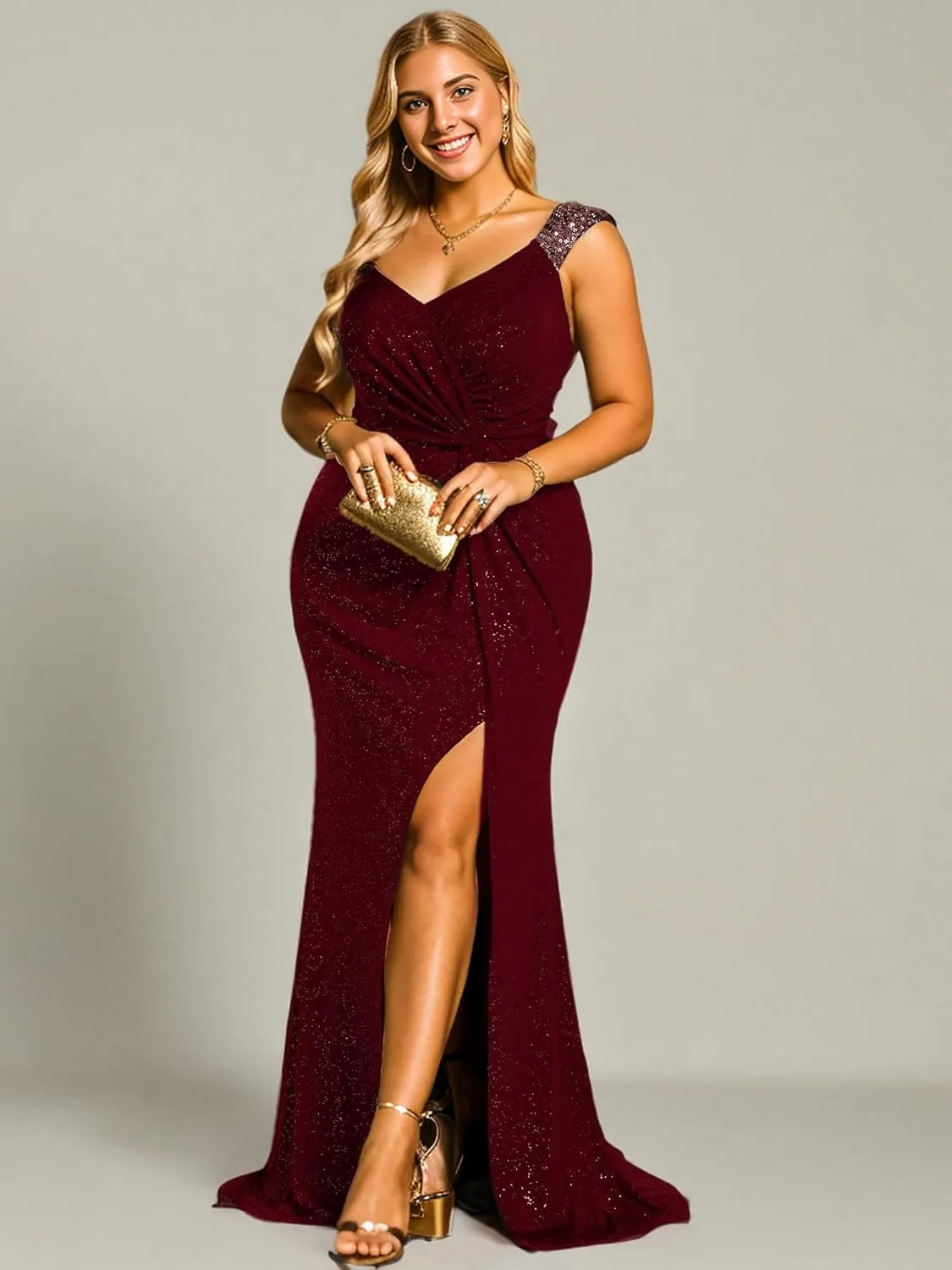 Ever-Pretty V-Neck High Slit Glitter Bodycon Plus Size Ball Gowns Formal Evening Dresses for Curvy Women 01888-DA