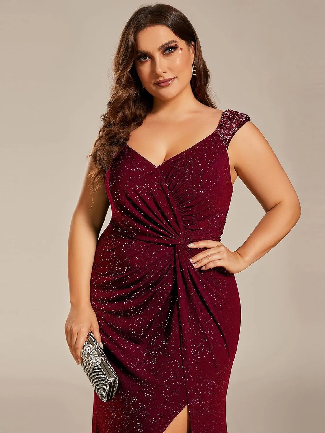Ever-Pretty V-Neck High Slit Glitter Bodycon Plus Size Ball Gowns Formal Evening Dresses for Curvy Women 01888-DA