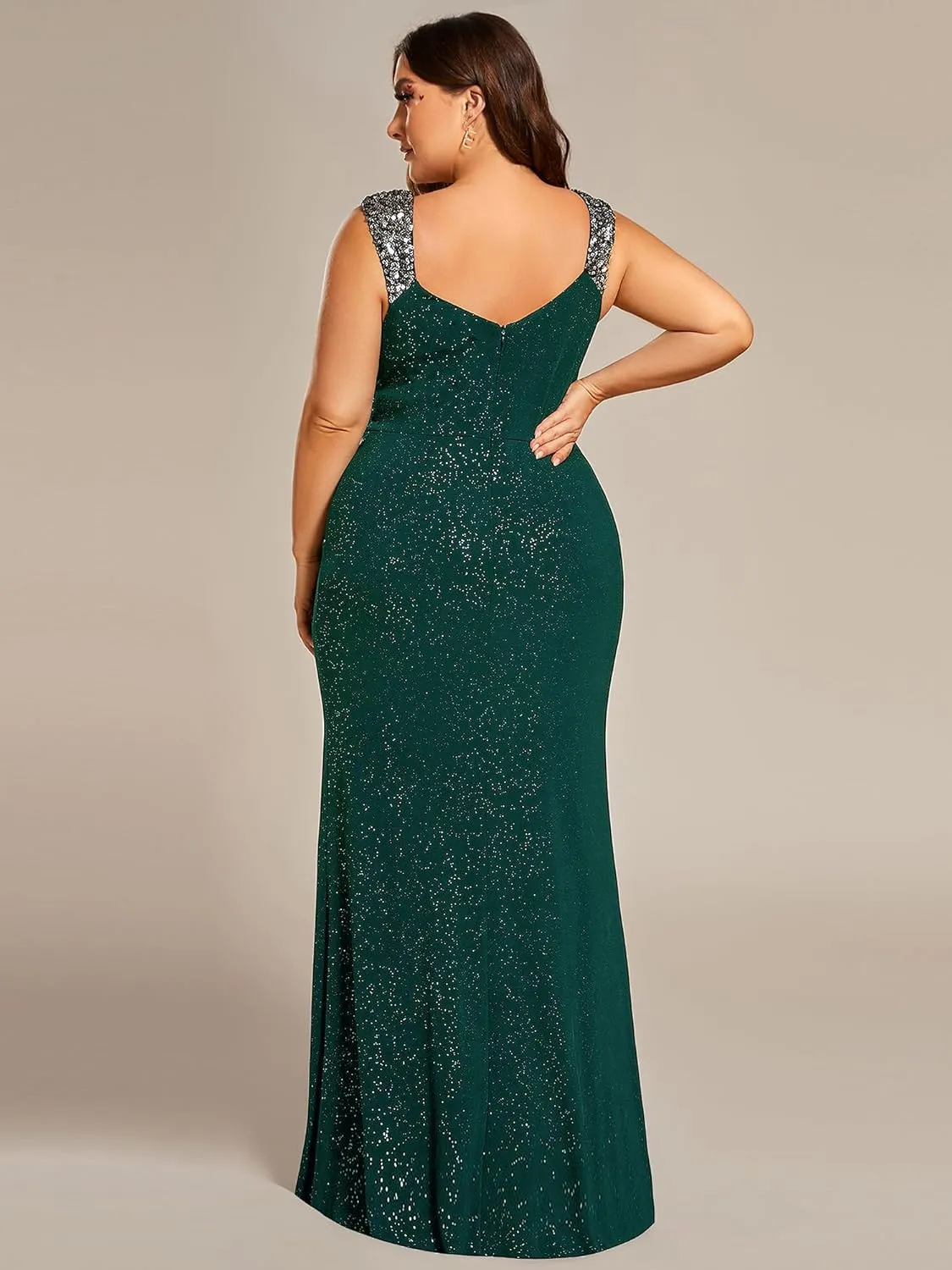 Ever-Pretty V-Neck High Slit Glitter Bodycon Plus Size Ball Gowns Formal Evening Dresses for Curvy Women 01888-DA