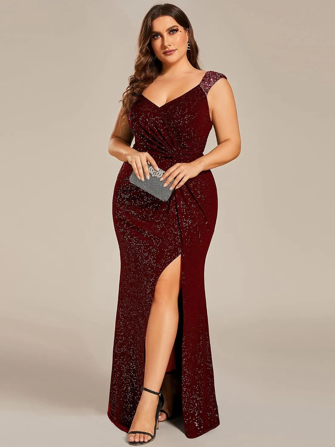 Ever-Pretty V-Neck High Slit Glitter Bodycon Plus Size Ball Gowns Formal Evening Dresses for Curvy Women 01888-DA