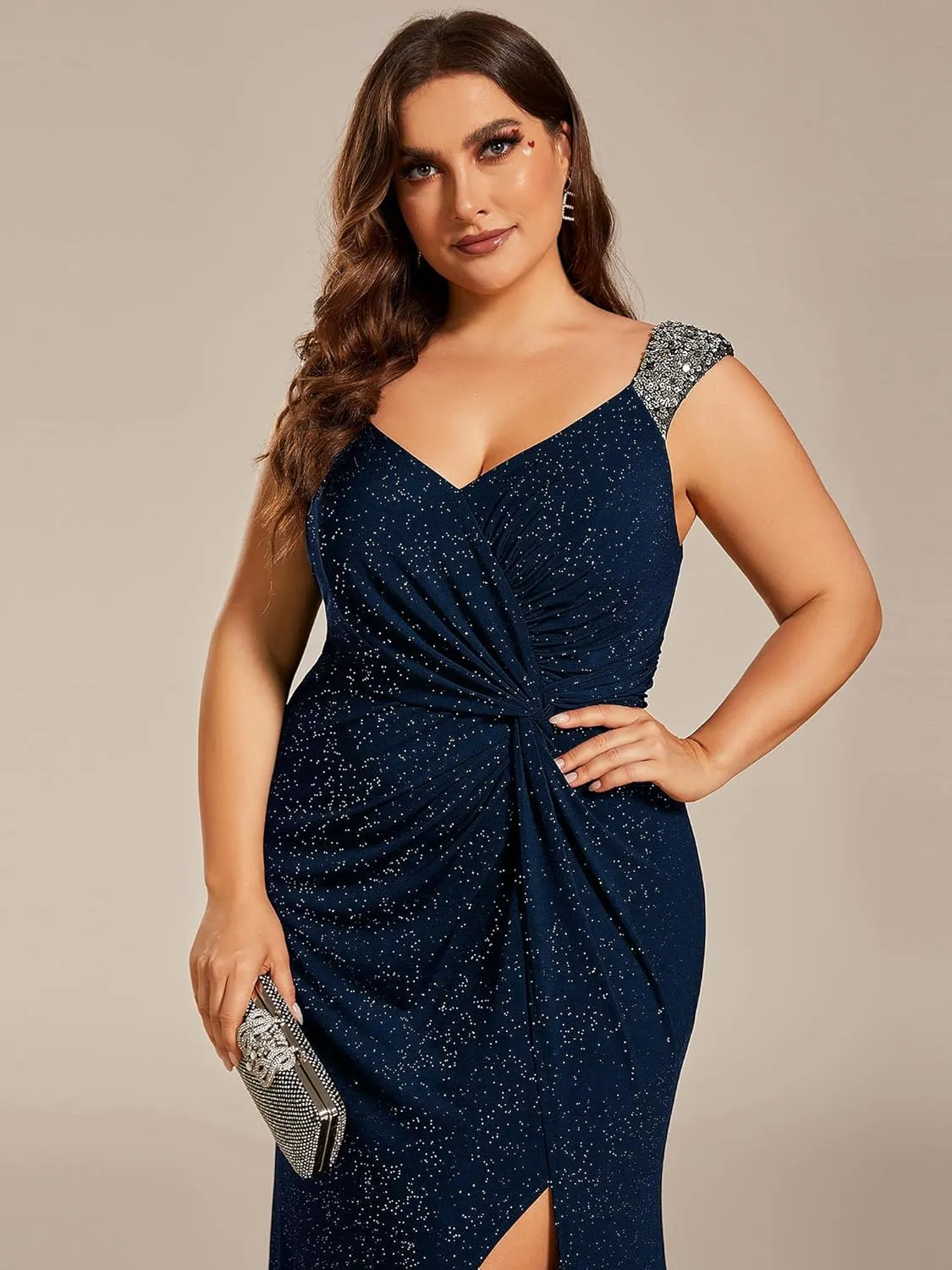 Ever-Pretty V-Neck High Slit Glitter Bodycon Plus Size Ball Gowns Formal Evening Dresses for Curvy Women 01888-DA