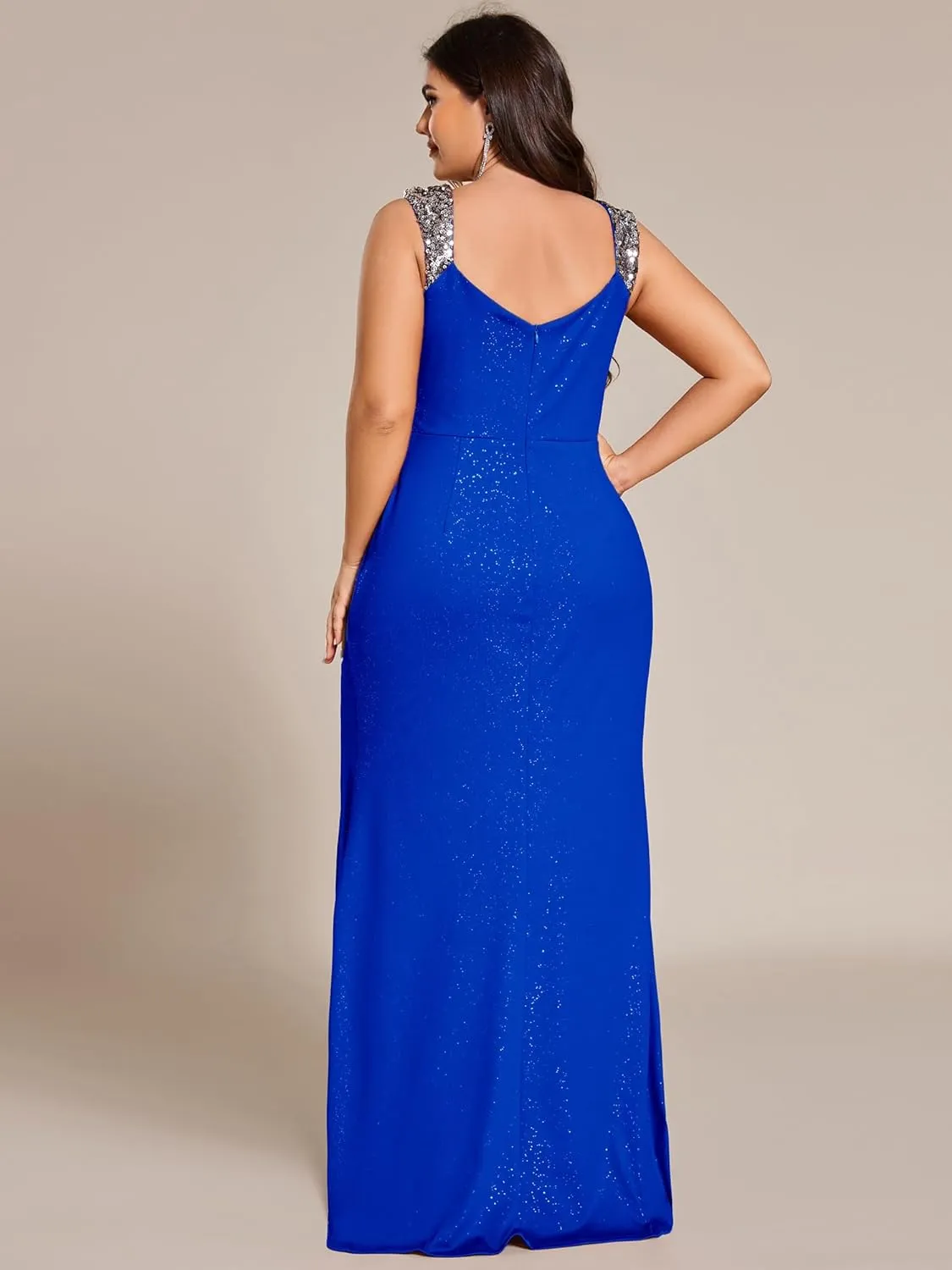 Ever-Pretty V-Neck High Slit Glitter Bodycon Plus Size Ball Gowns Formal Evening Dresses for Curvy Women 01888-DA