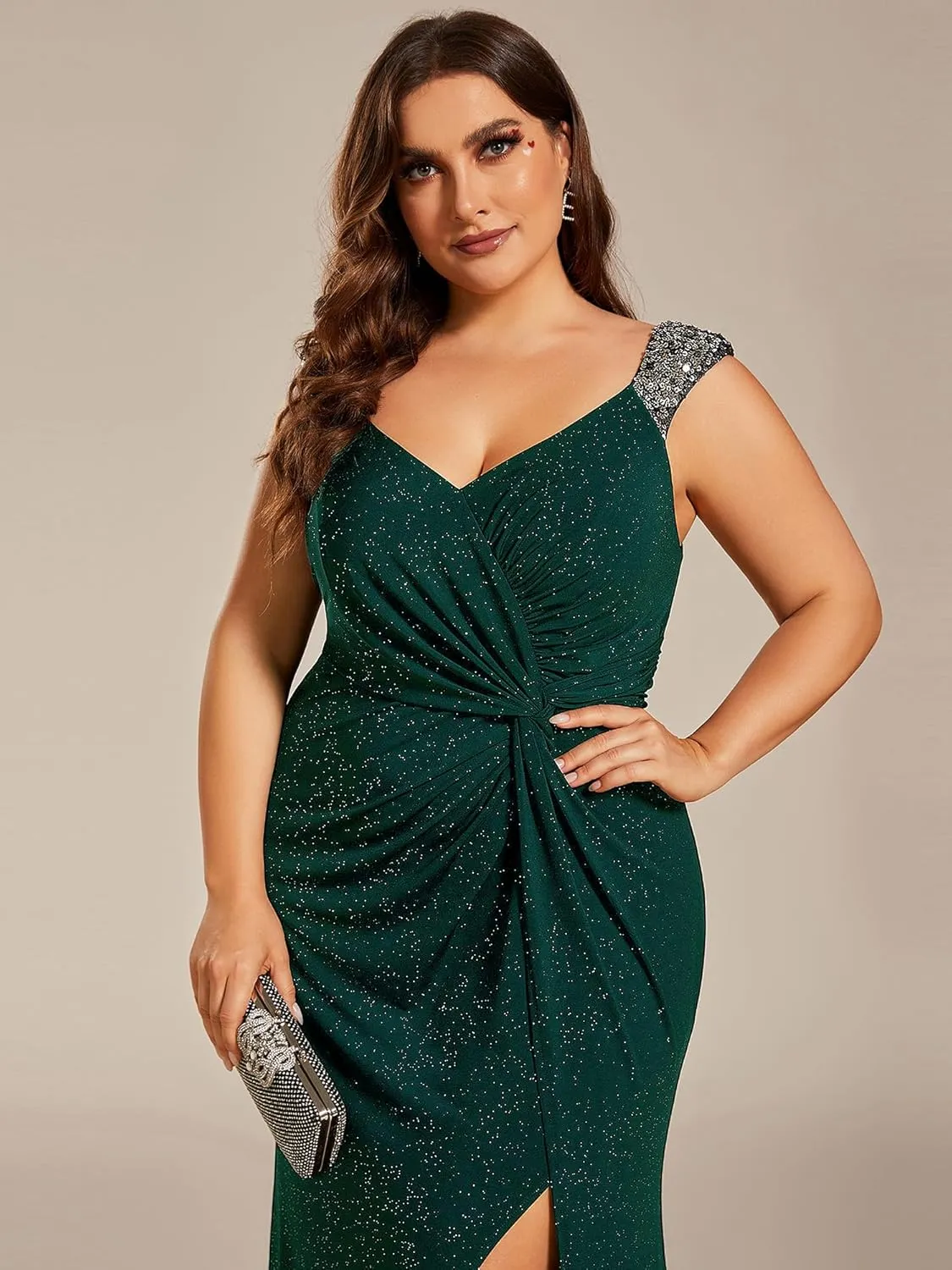 Ever-Pretty V-Neck High Slit Glitter Bodycon Plus Size Ball Gowns Formal Evening Dresses for Curvy Women 01888-DA