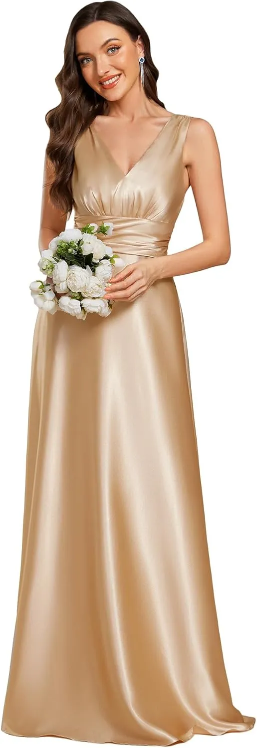 Ever-Pretty Women's Double-V-Neck Floor-Length Empire Waist Satin Formal Dress with Pockets 02326