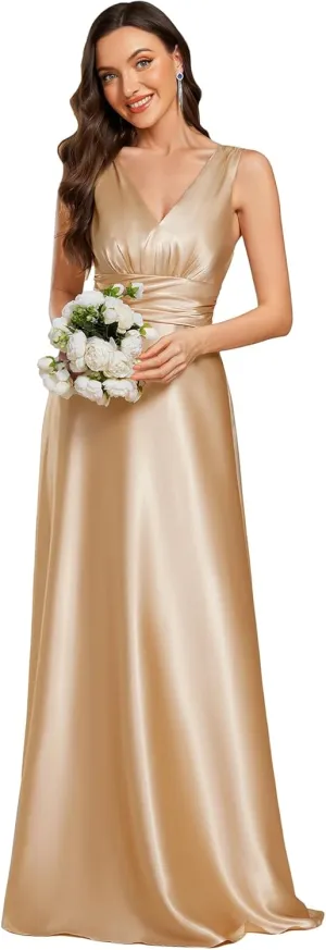 Ever-Pretty Women's Double-V-Neck Floor-Length Empire Waist Satin Formal Dress with Pockets 02326