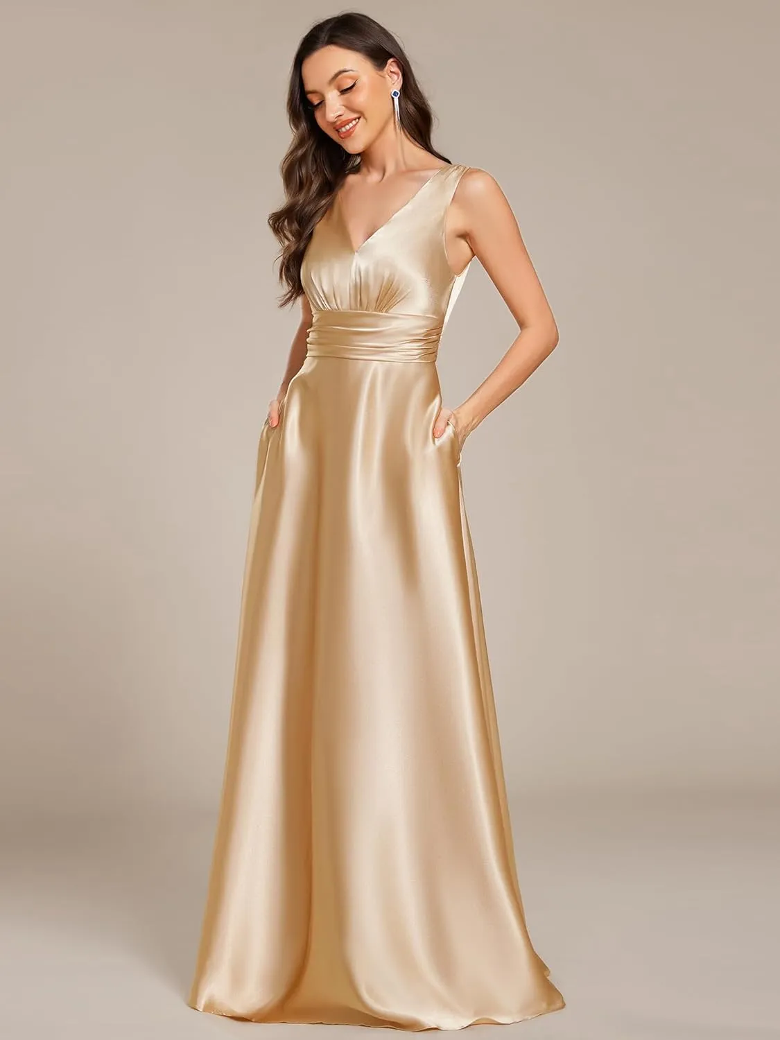 Ever-Pretty Women's Double-V-Neck Floor-Length Empire Waist Satin Formal Dress with Pockets 02326