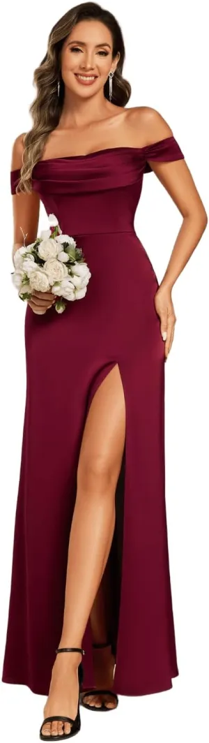 Ever-Pretty Women's Off-Shoulder Split Floor Length Pleated Backless Bandage Satin Prom Dress 02320