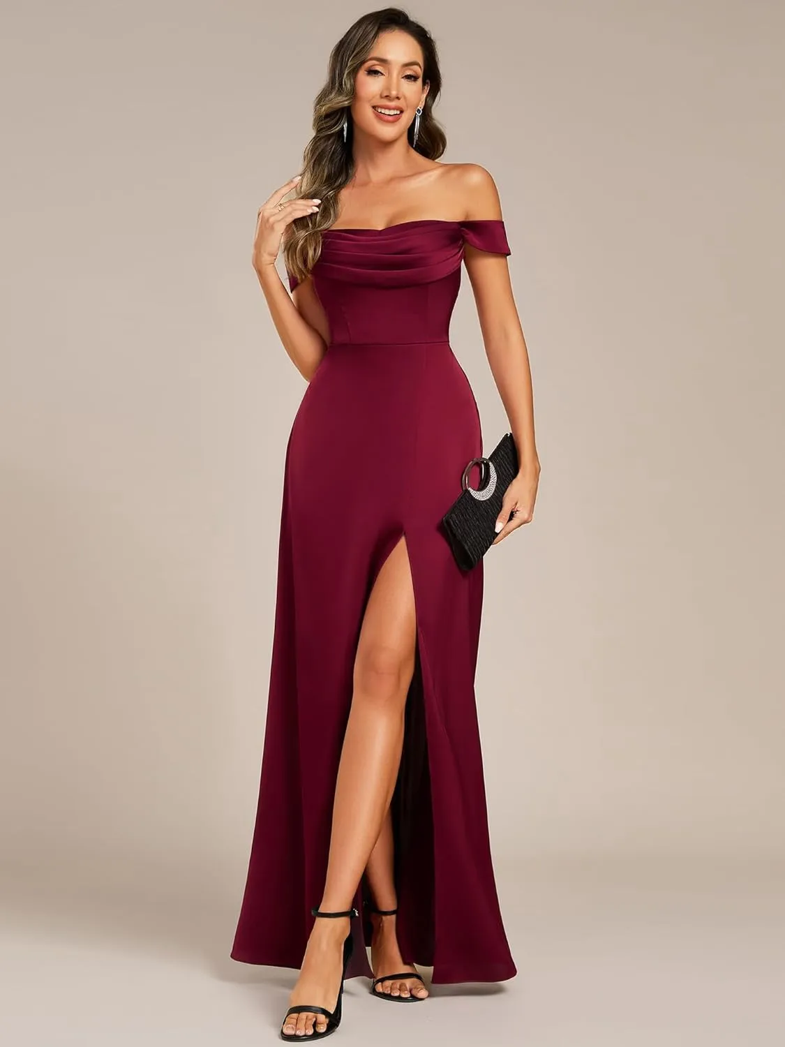 Ever-Pretty Women's Off-Shoulder Split Floor Length Pleated Backless Bandage Satin Prom Dress 02320