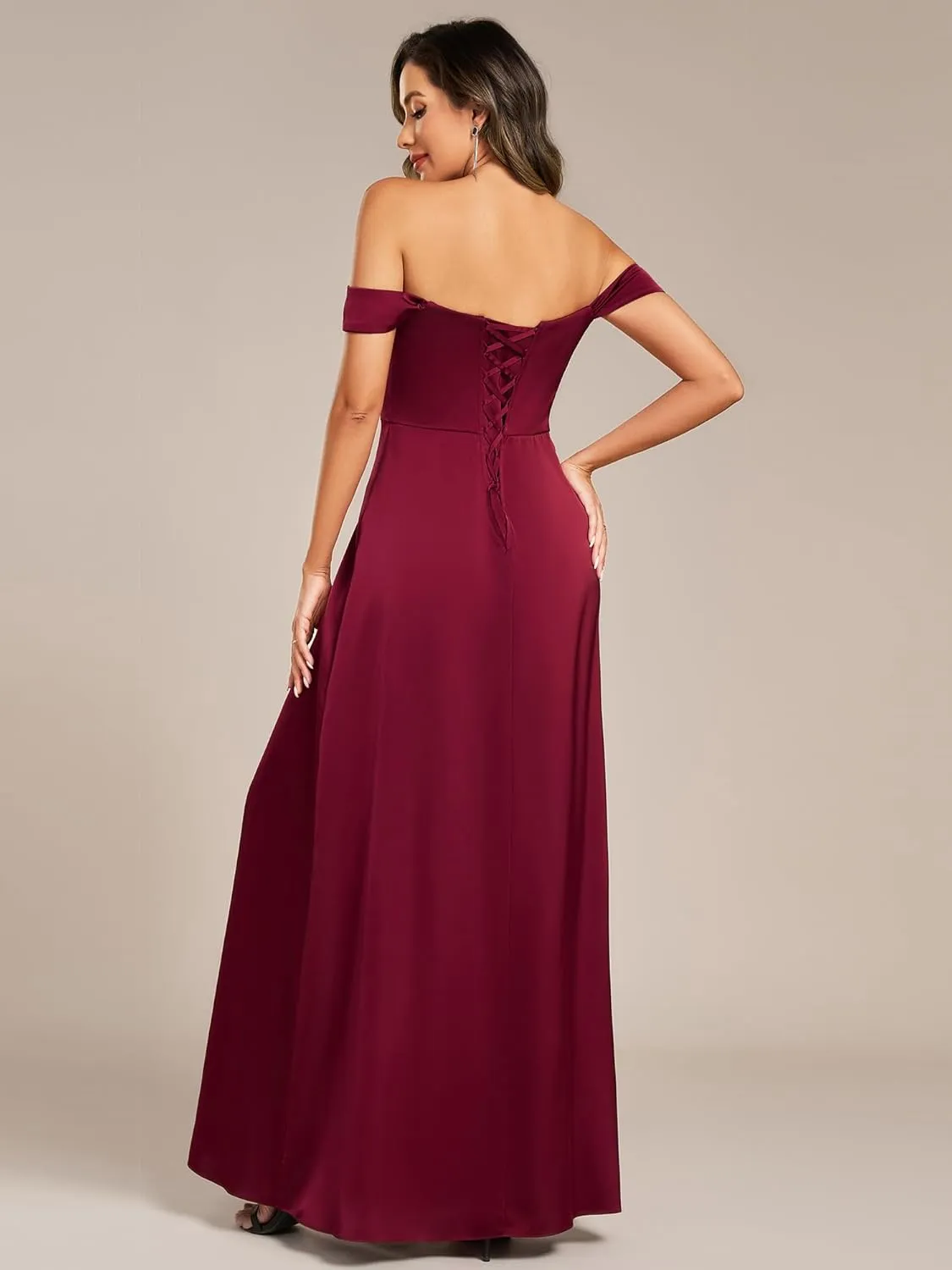 Ever-Pretty Women's Off-Shoulder Split Floor Length Pleated Backless Bandage Satin Prom Dress 02320