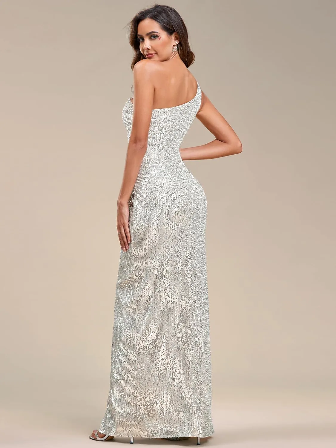 Ever-Pretty Women's Sexy One Shoulder Ruched Slit Bodycon Sequin Evening Dress 00116