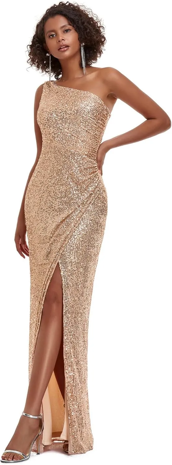 Ever-Pretty Women's Sexy One Shoulder Ruched Slit Bodycon Sequin Evening Dress 00116