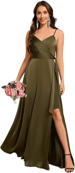 Ever-Pretty Women's Sexy Spaghetti Straps Ruched V Neck Floor Length Satin Formal Dress with Slit 02317