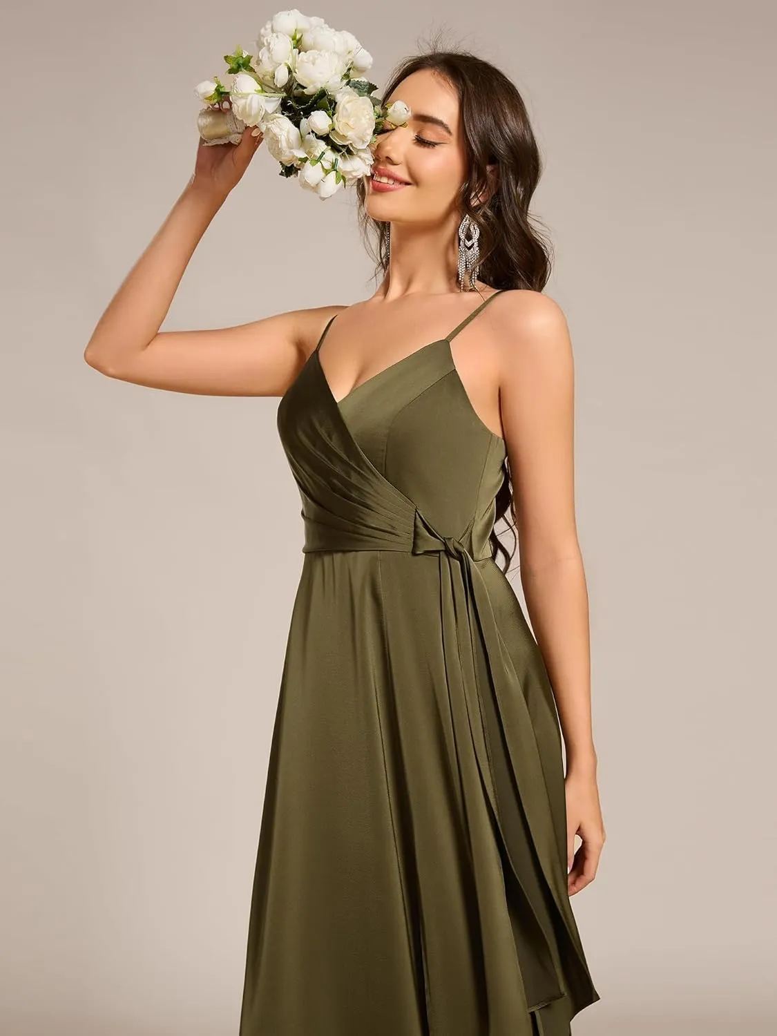 Ever-Pretty Women's Sexy Spaghetti Straps Ruched V Neck Floor Length Satin Formal Dress with Slit 02317